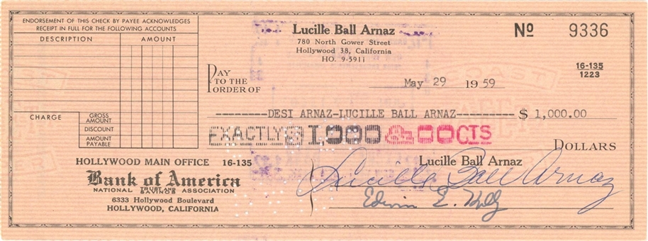 1959 Lucille Ball Signed Personal Check Dated May 29, 1959 (Beckett)